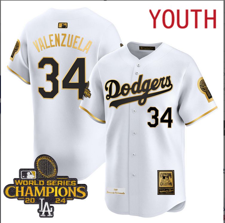 Youth  MLB Los Angeles Dodgers #34 Valenzuela white 2024 World Series Champions Patch Cooperstown Jersey style 3->youth mlb jersey->Youth Jersey